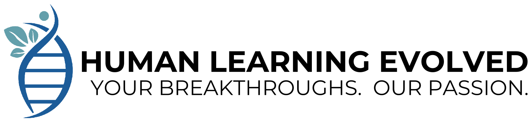 Human Learning Evolved - DNA-inspired logo with the tagline 'Your Breakthroughs. Our Passion."